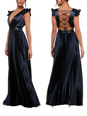 NWOT Lulus Exceptional Drama Navy Blue Satin Ruffle Lace-Up Pleated Maxi Dress